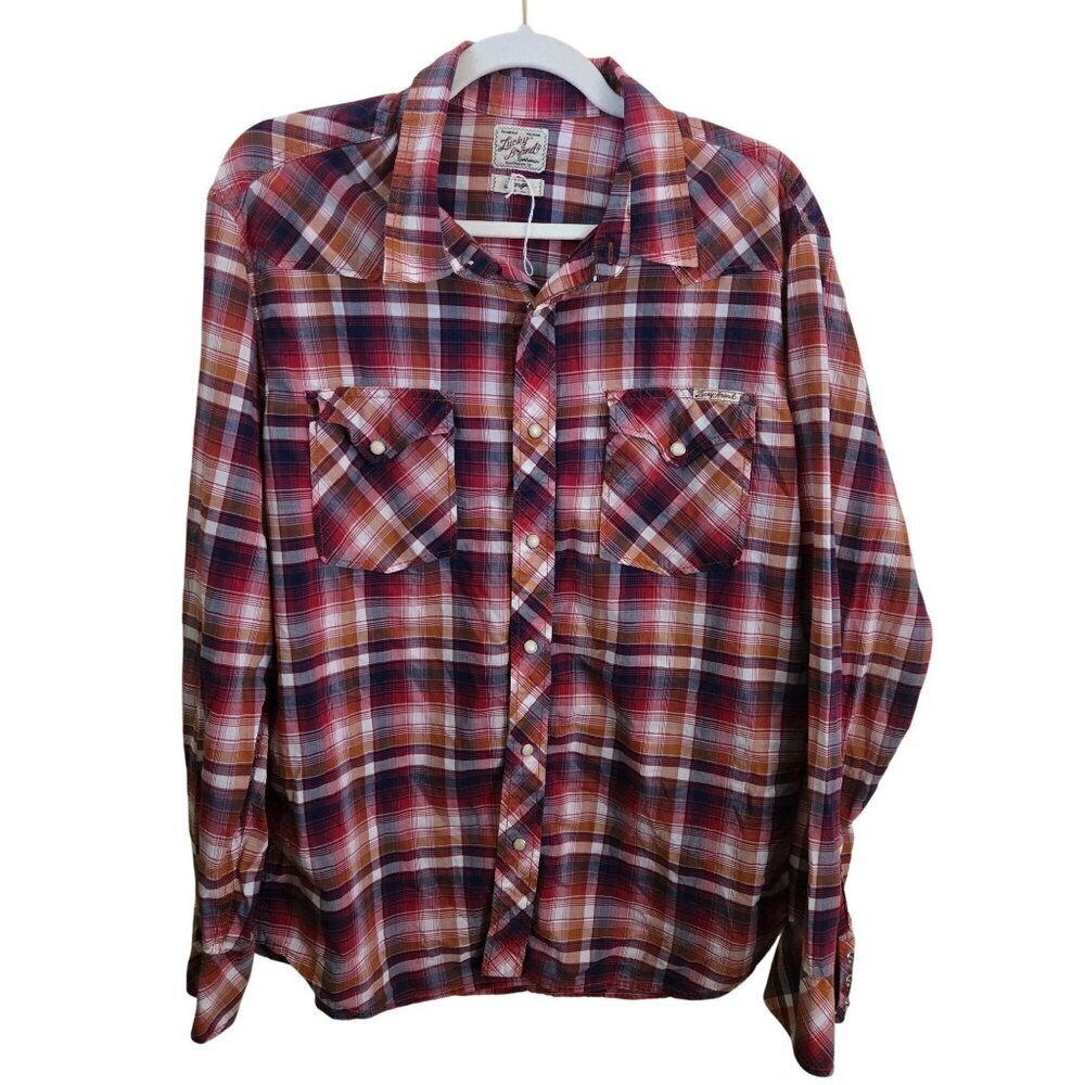 Lucky Brand Western Pearl Snap Red Plaid 100% Cotton Suatainable Shirt Size L